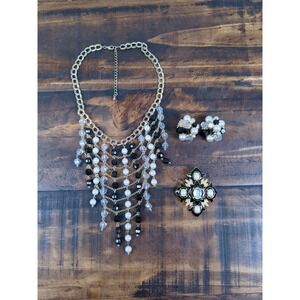 Beaded Bib Style Necklace w Matching Clipon Earrings & Broach Black White & Gold